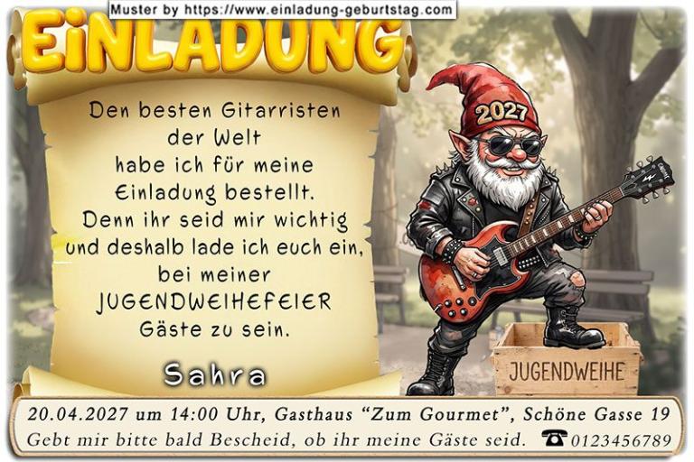 Ein kleiner lustiger Gitarrist auf einer Einladungskarte zur Jugendweihe