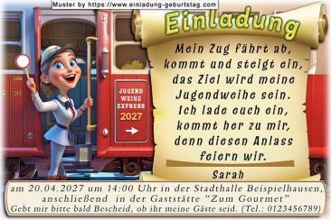Eine lustige Einladung zur Jugendweihe mit einem Sonderzug, der die Gäste zur Feier bringt.