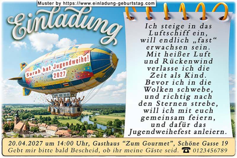 die lustige Einladung zur Jugendweihe mit dem Luftschiff, auf dem dein Name steht