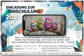 Die ausgefallene Einladung zur Einschulung mit den bunten Vögel, die einen Tipp für die Gäste haben