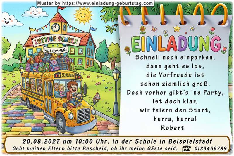 Die ausgefallene Einladung zur Einschulung mit dem lustigen Schulbus voller Kinder