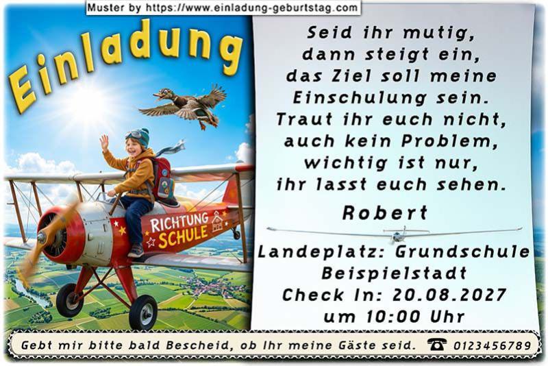 Die ausgefallene Einadung zur Einschulung mit dem Schulkind auf dem Propellerflugzeug unterwegs Richtung Schule