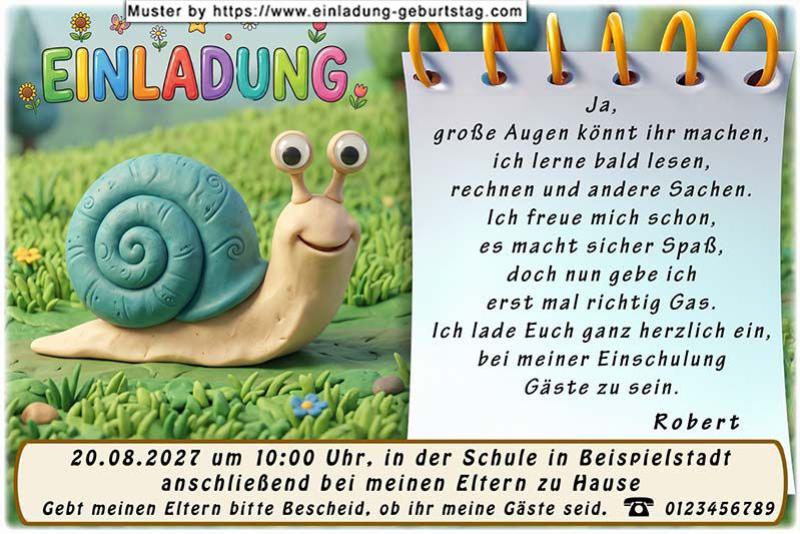 Die ausgefallene Einaldung zur Einschulung mit der Schnecke aus Knete mit großen Augen