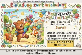 Die ausgefallene Einladung zur Einschulung mit den lustigen Tieren auf dem Weg zur Schule