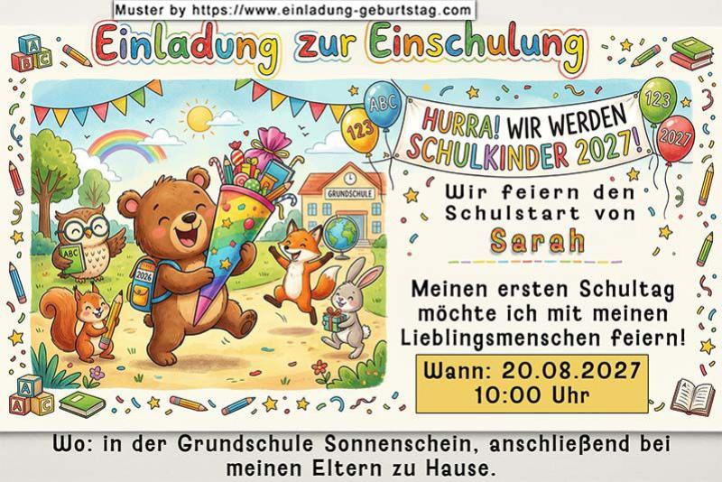 Die ausgefallene Einladung zur Einschulung mit den lustigen Tieren auf dem Weg zur Schule