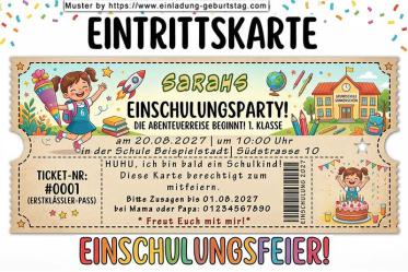 Die lustige ausgefallene Einladung zur Einschulung 2027 eines Mädchens als Eintrittskarte für die Gäste