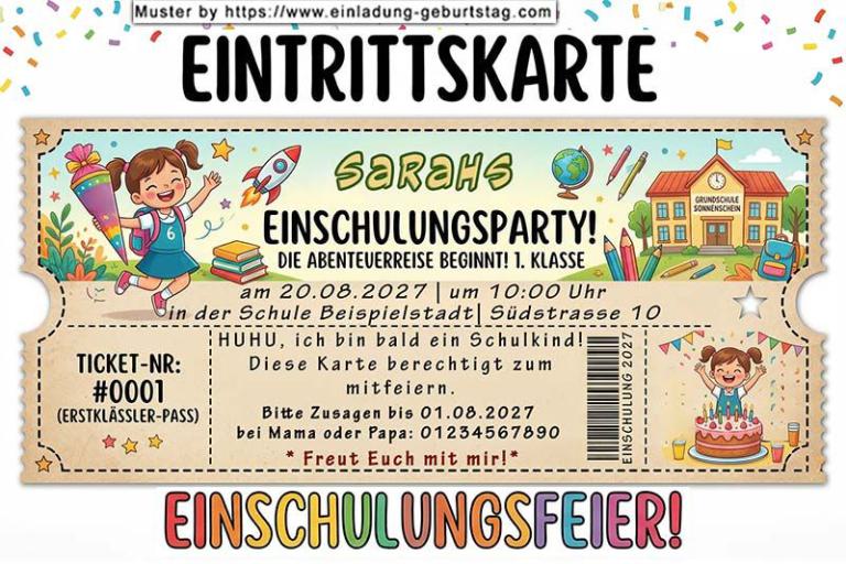 Die ausgefallene Einladung zur Einschulung - eine Eintrittskarte zur Einschulung für die Gäste von einem Mädchen als zukünftiges Schulkind - die Abenteuerreise beginnt.