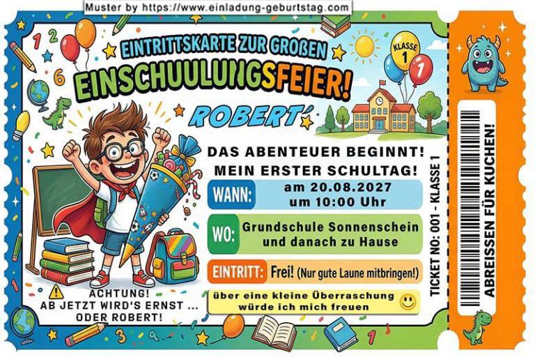 Die ausgefallene Einladung zur Einschulung - eine Eintrittskarte zur Einschulung für die Gäste von einem Jungen als zukünftiges Schulkind - die Abenteuerreise beginnt.