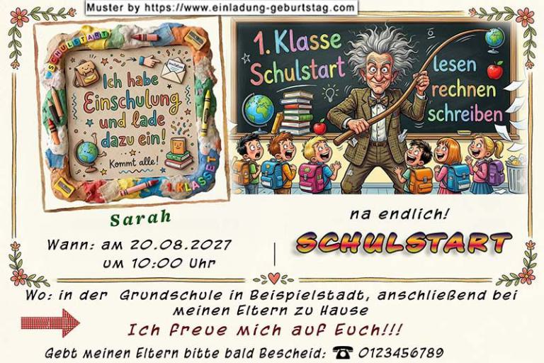 Die ausgefallene Einladung zur Einschulung mit dem lustigen Lehrer und den zerzausten Haaren der zeigt, hier macht lernen Spaß - na endlich: Schulstart.