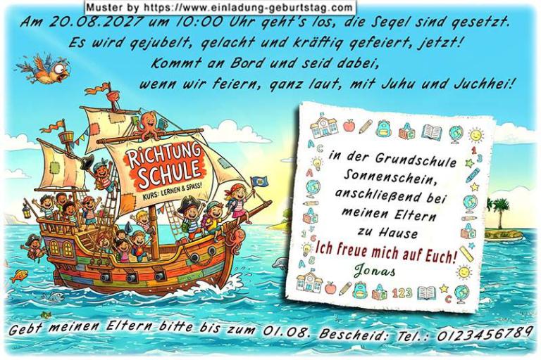 Die ausgefallene Einladung zur Einschulung - ein kleines lustiges Piratenschiff voller Kinder auf dem Weg Richtung Schule. Die Segel sind gesetzt.
