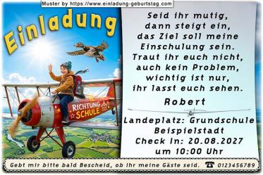 Die ausgefallene Einadung zur Einschulung mit dem Schulkind auf dem Propellerflugzeug unterwegs Richtung Schule