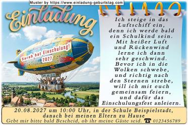 Die ausgefallene Einladung mit dem Luftschiff, das deutlich zeigt - Ihr Kind hat Einschulung