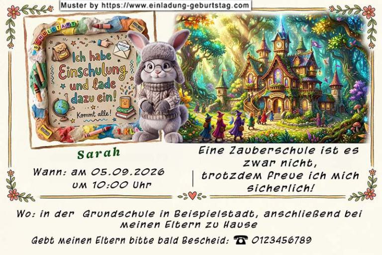 Die ausgefallene Einladung zur Einschulung - Ein lustiges Häschen neben dem Bild einer Zauberschule.
