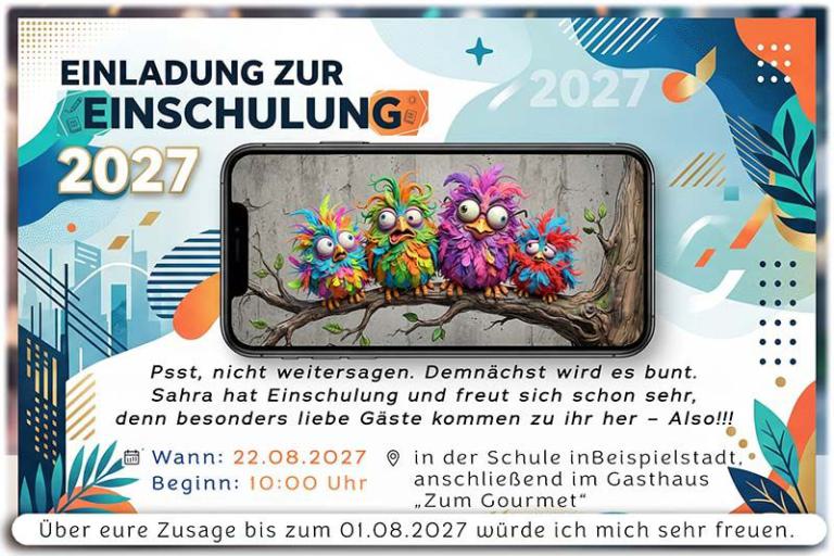 Die ausgefallene Einladung zur Einschulung - Einige lustige Vögel unterhalten sich: Ihr Kind wird nun flügge und möchte in die Schule gehen.