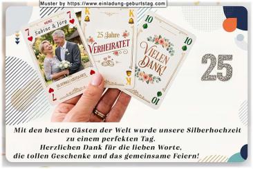 Die Dankeskarte zur Silberhochzeit mit Ihrem Foto auf einer von 3 Spielkarten in der Hand