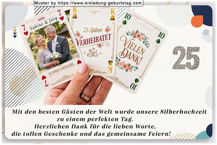 Die Dankeskarte zur Silberhochzeit mit Ihrem Foto auf einer von 3 Spielkarten in der Hand