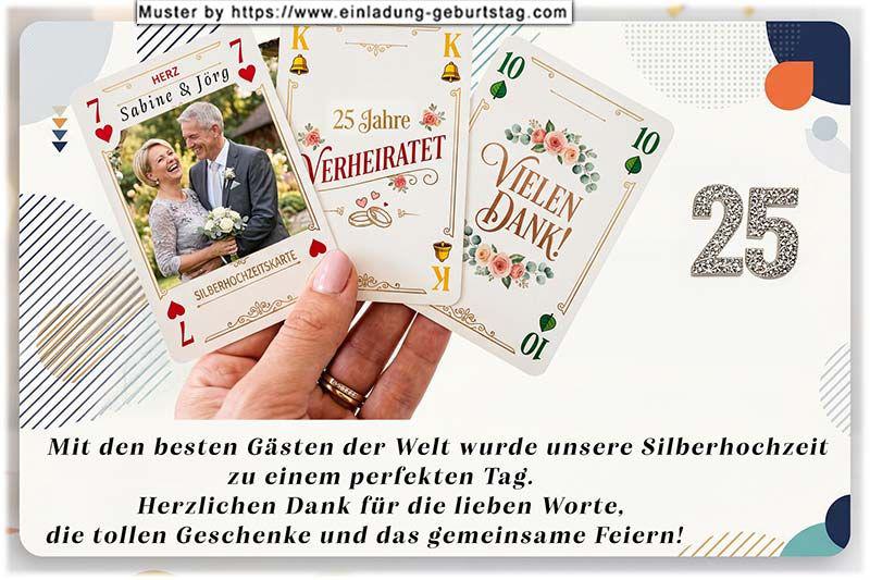 Die Dankeskarte zur Silberhochzeit mit Ihrem Foto auf einer von 3 Spielkarten in der Hand