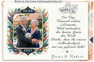 Die Dankeskarte zur Silberhochzeit mit Ihrem Foto in einem originellen moderner Rahmen