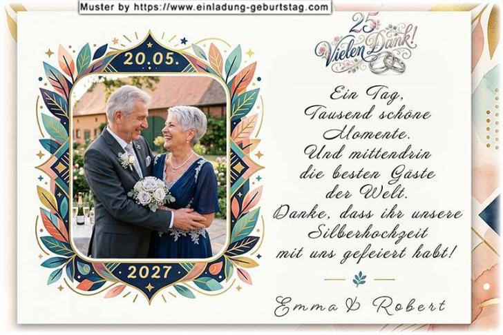 Die Dankeskarte zur Silberhochzeit mit Ihrem Foto in einem originellen moderner Rahmen