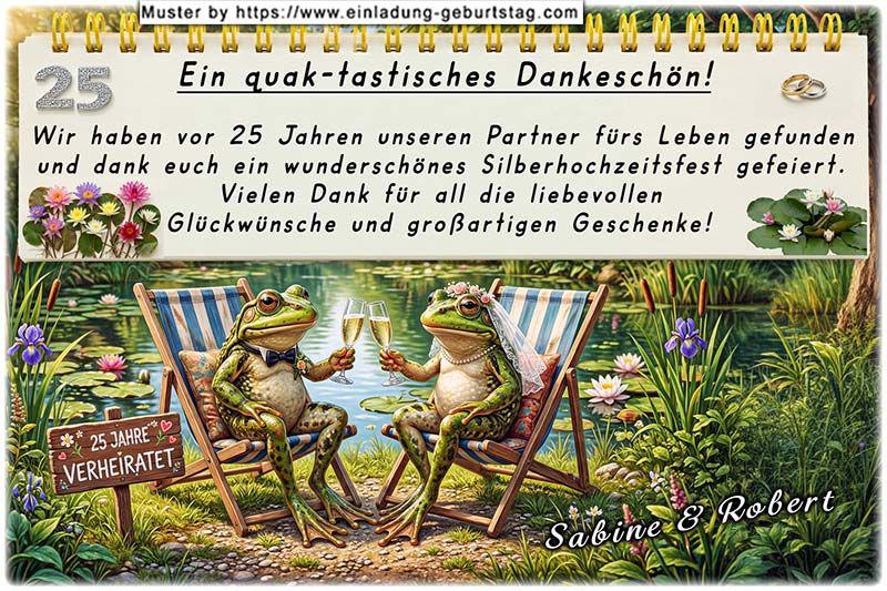 Die lustige Dankeskarte zur Silberhochzeit mit den 2 Fröschen im Liegestuhl am Teich