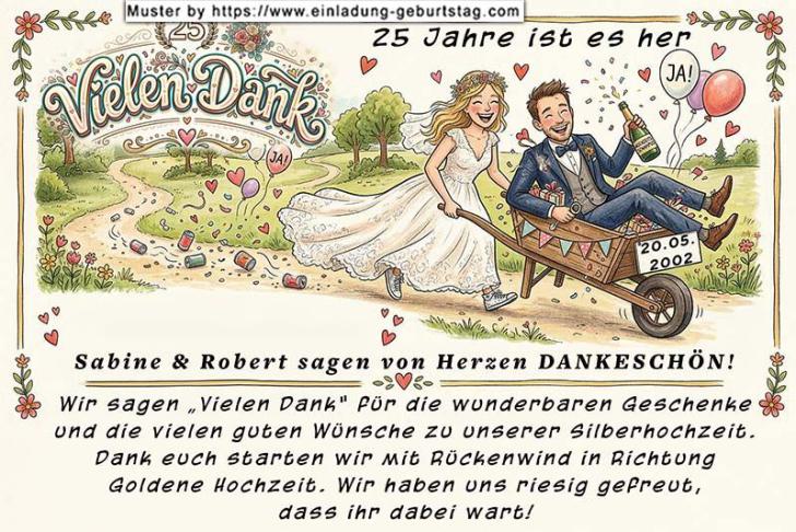 Die lustige Dankeskarte zur Silberhochzeit, auf der eine Frau Ihren Mann in der Schubkarre nach Hause schiebt
