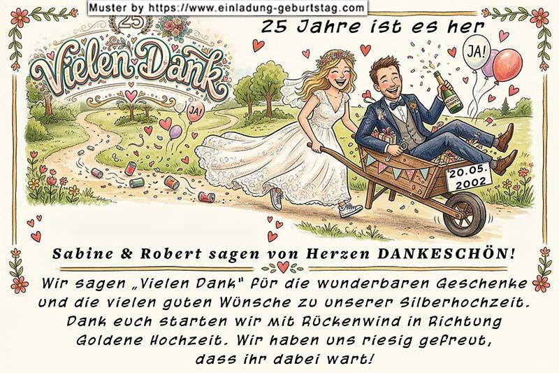 Die lustige Dankeskarte zur Silberhochzeit, auf der eine Frau Ihren Mann in der Schubkarre nach Hause schiebt