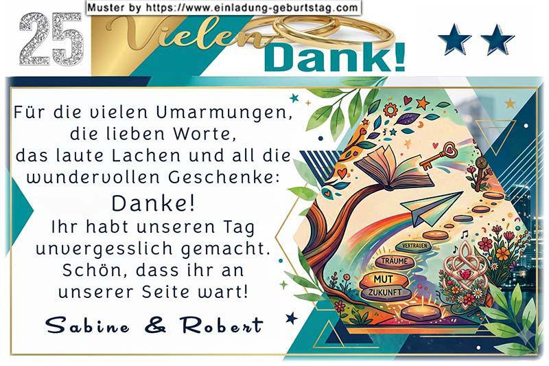 Die Dankeskarte zur Silberhochzeit mit den beschrifteten Trittsteinen Zukunft, Mut, Träume und Vertrauen