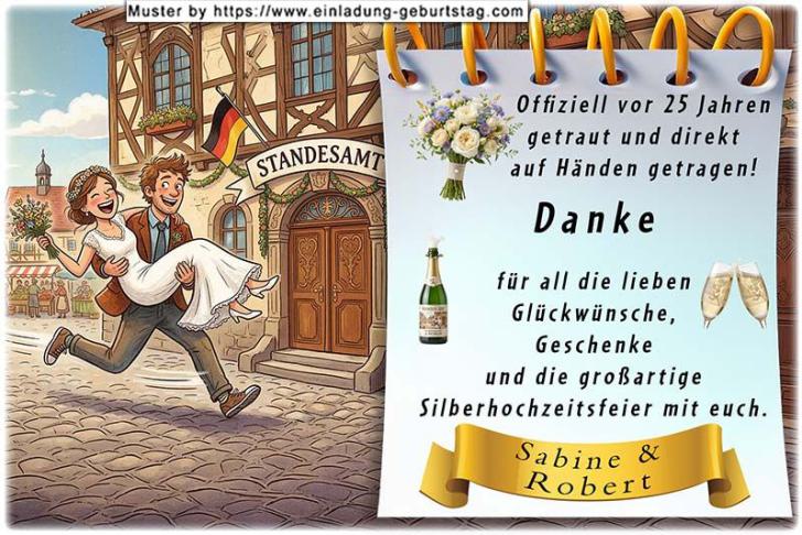Die lustige Dankeskarte zur Silberhochzeit auf der der Ehemann die Ehefrau auf Händen vom Standesamt nach Hause trägt - vor 25 Jahren