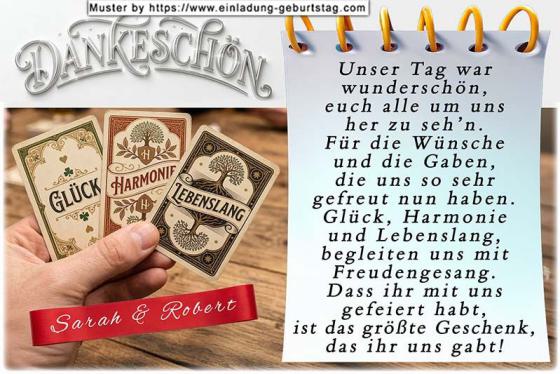 Die Dankeskarte zur Hochzeit - 3 Spielkarten in Ihrer Hand – Glück – Harmonie und Lebenslang. Darunter auf ein Schleifenband werden Ihre Namen eingesetzt.