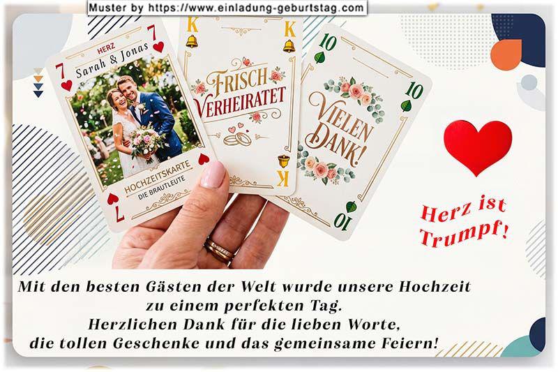 Die Dankeskarte zur Hochzeit mit Ihrem Foto auf einer von 3 Spielkarten in der Hand