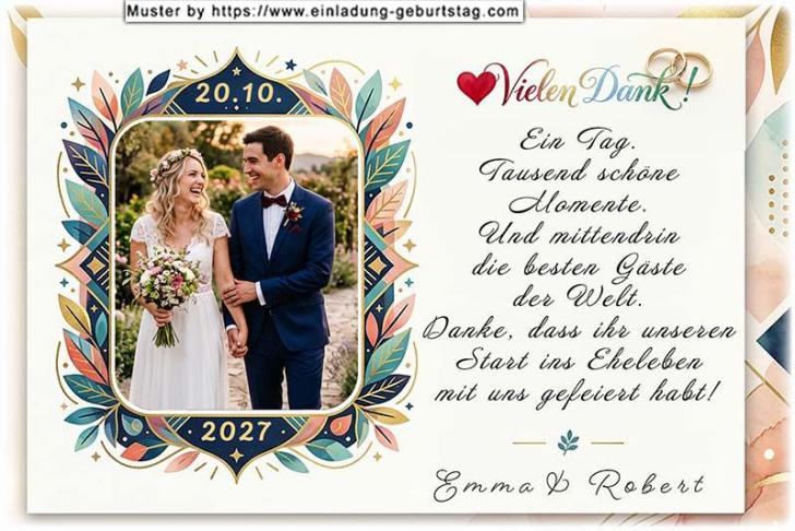 Die Dankeskarte zur Hochzeit mit Ihrem Foto in einem originellen moderner Rahmen