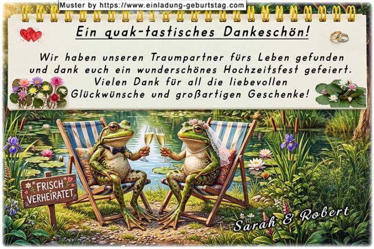Die lustige Dankeskarte zur Hochzeit mit den 2 Fröschen im Liegestuhl am Teich