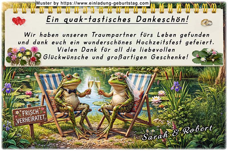 Die lustige Dankeskarte zur Hochzeit mit den 2 Fröschen im Liegestuhl am Teich