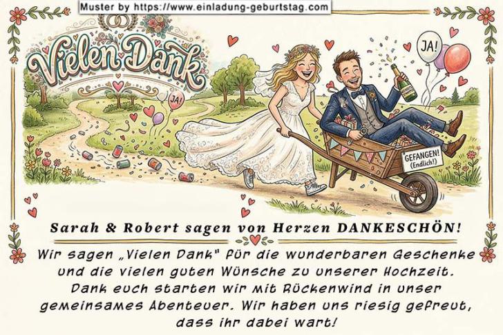 Die lustige Dankeskarte zur Hochzeit, auf der eine Frau Ihren Mann in der Schubkarre nach Hause schiebt