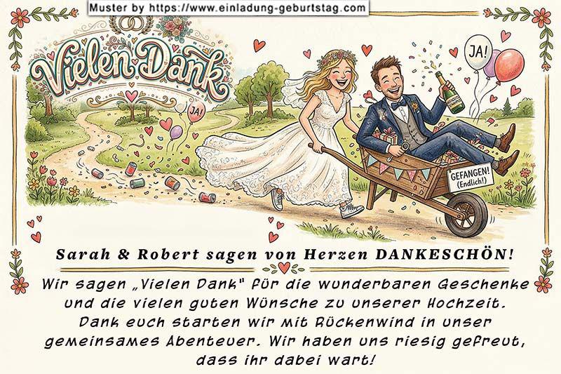 Die lustige Dankeskarte zur Hochzeit, auf der eine Frau Ihren Mann in der Schubkarre nach Hause schiebt