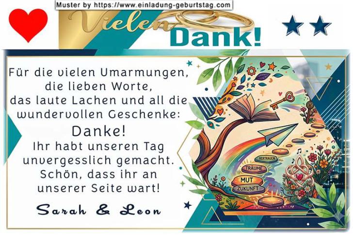 Die Dankeskarte zur Hochzeit mit den beschrifteten Trittsteinen Zukunft, Mut, Träume und Vertrauen