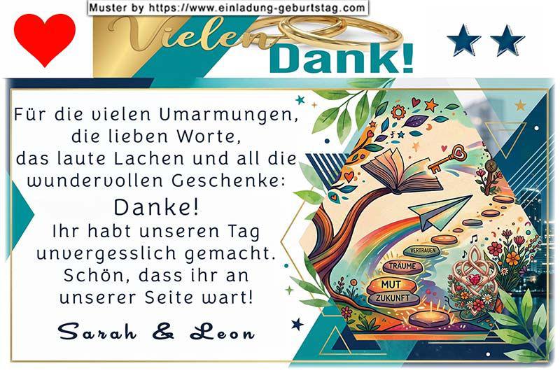 Die Dankeskarte zur Hochzeit mit den beschrifteten Trittsteinen Zukunft, Mut, Träume und Vertrauen