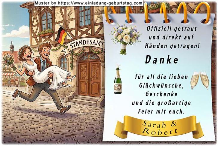 Die lustige Dankeskarte zur Hochzeit auf der der Ehemann die Ehefrau auf Händen vom Standesamt nach Hause trägt