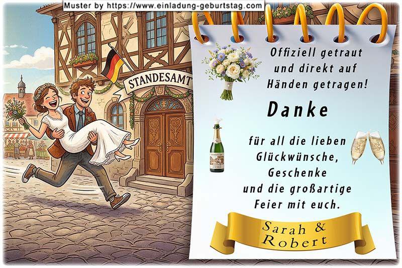 Die lustige Dankeskarte zur Hochzeit auf der der Ehemann die Ehefrau auf Händen vom Standesamt nach Hause trägt