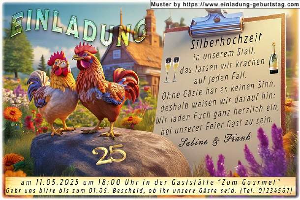 Einladung Silberhochzeit lustig - Hahn und Huhn