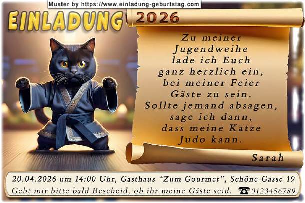 lustige Einladung Jugendweihe, die Judokatze