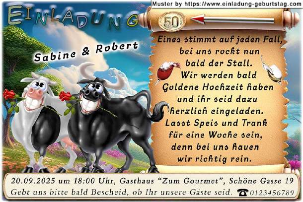 lustige Einladung Goldene Hochzeit - Kuh und Bulle