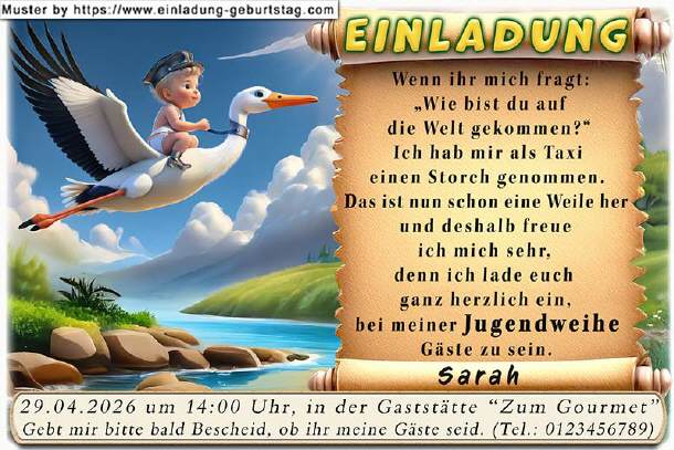 coole Einladung Jugendweihe - der Storch