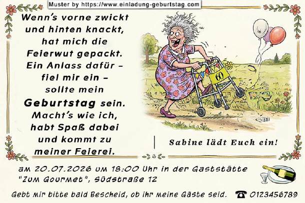 lustige Einladung Geburtstag - Frau am Rollator