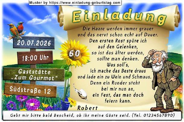 lustige Einladung Geburtstag - Mann und Wegweiser