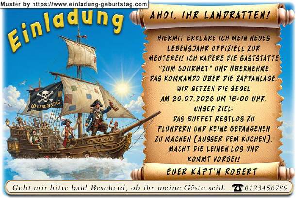 lustige Einladung Geburtstag, das Piratenschiff