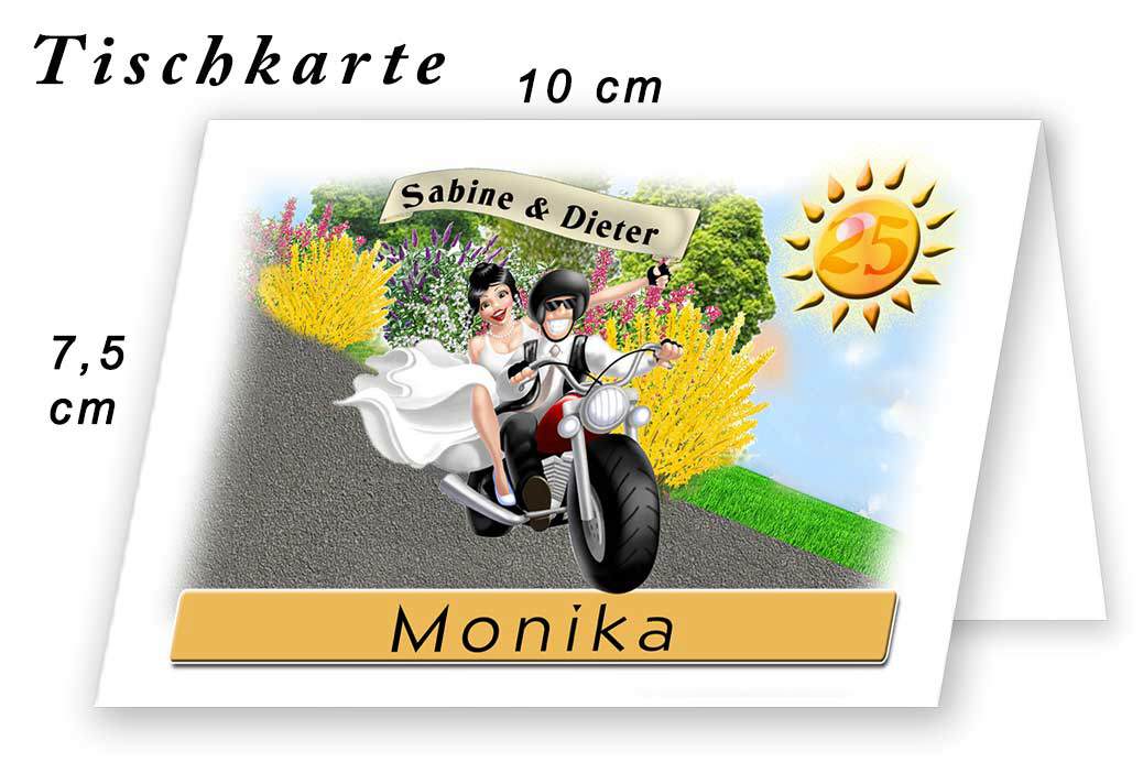 Das Paar auf dem Motorrad. Auf das Banner, das die Frau in der Hand hält, werden Ihre Namen gedruckt. In das untere Textfeld wird der Name des Gastes eingetragen.